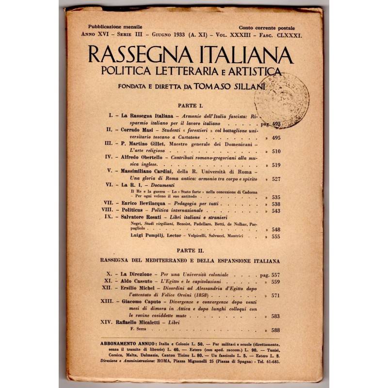 RASSEGNA ITALIANA. POLITICA LETTERARIA E ARTISTICA-giugno-1933