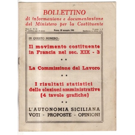 BOLLETTINO INFORMAZIONE DOCUMENTAZIONE MINIST COSTITUENTE-n 14, 20 mag-1946