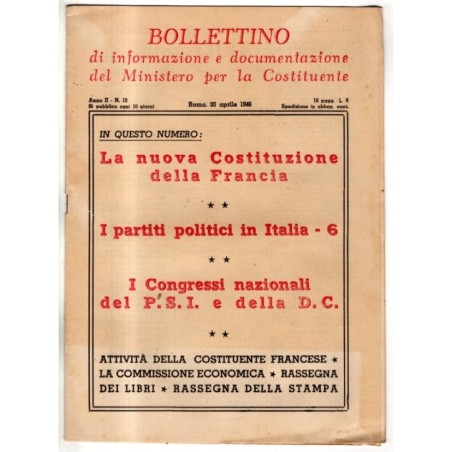 BOLLETTINO INFORMAZIONE DOCUMENTAZIONE MINIST COSTITUENTE-n 12, 30 apr-1946