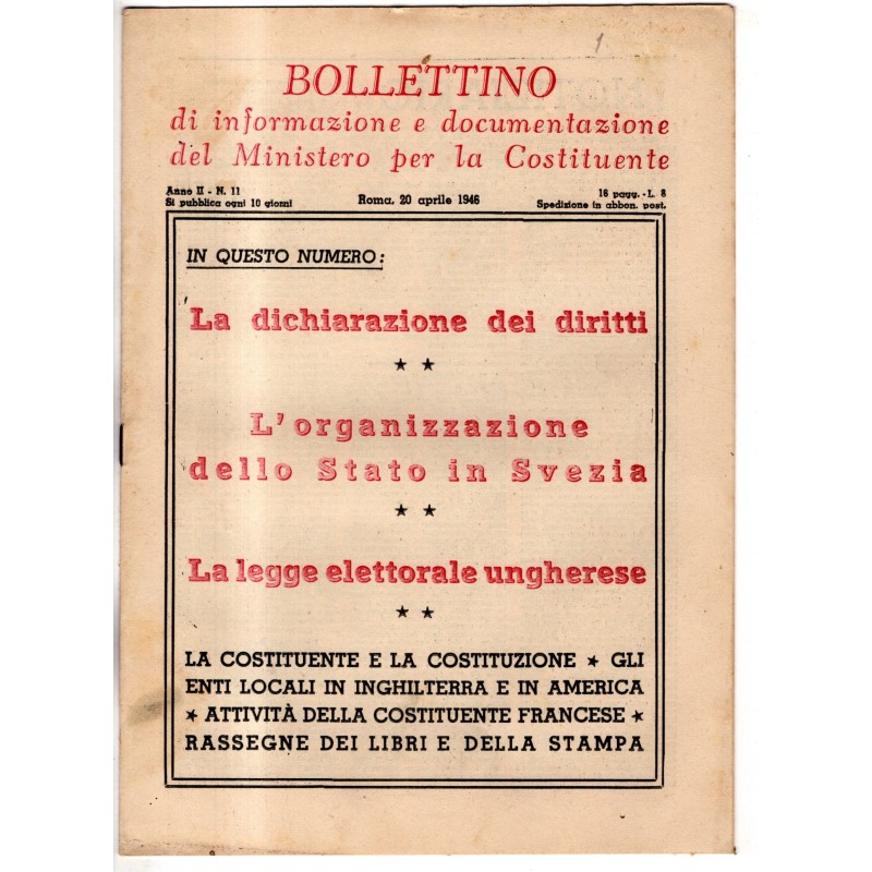 BOLLETTINO INFORMAZIONE DOCUMENTAZIONE MINIST COSTITUENTE-n 11, 20 apr-1946