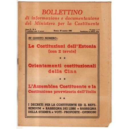 BOLLETTINO INFORMAZIONE DOCUMENTAZIONE MINIST COSTITUENTE-n 9, 30 mar-1946