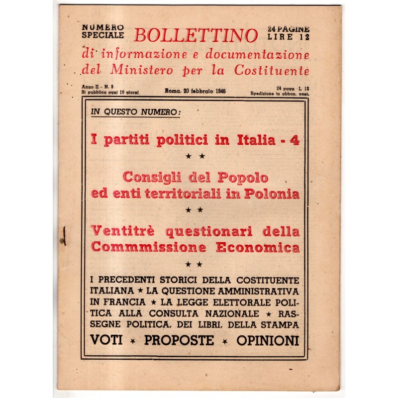 BOLLETTINO INFORMAZIONE DOCUMENTAZIONE MINIST COSTITUENTE-n 5, 20 feb-1946
