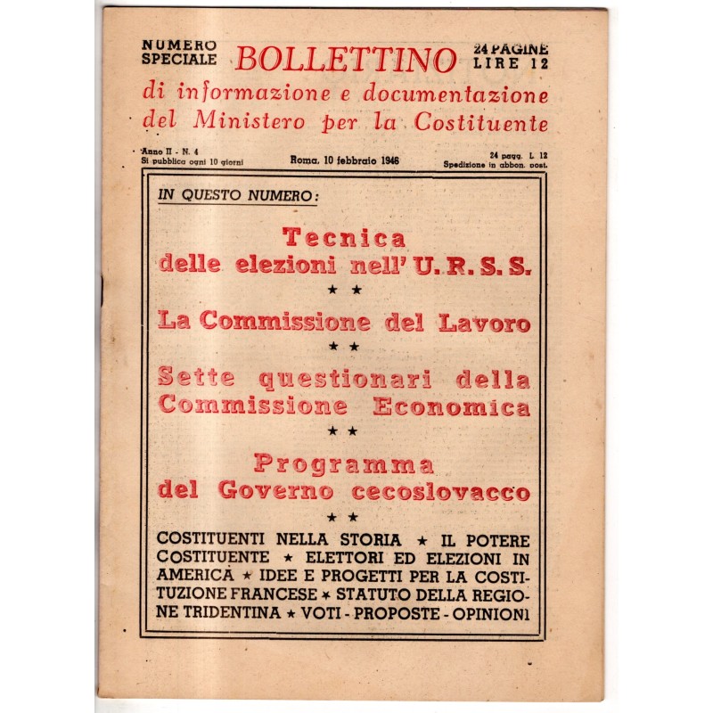 BOLLETTINO INFORMAZIONE DOCUMENTAZIONE MINIST COSTITUENTE-n 4, 10 feb-1946