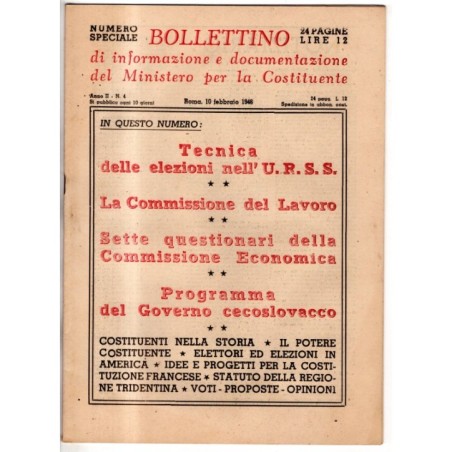 BOLLETTINO INFORMAZIONE DOCUMENTAZIONE MINIST COSTITUENTE-n 4, 10 feb-1946