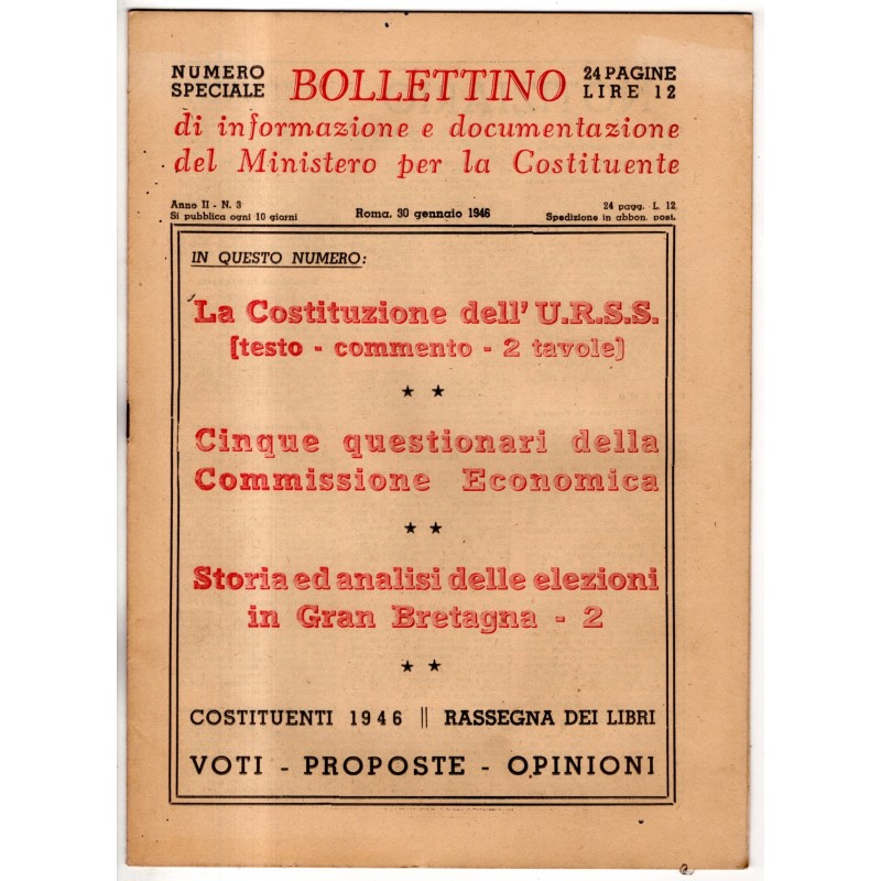 BOLLETTINO INFORMAZIONE DOCUMENTAZIONE MINIST COSTITUENTE-n 3, 30 gen-1946