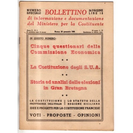 BOLLETTINO INFORMAZIONE DOCUMENTAZIONE MINIST COSTITUENTE-n 2, 20 gen-1946