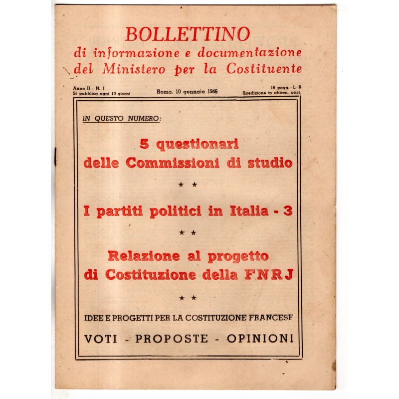 BOLLETTINO INFORMAZIONE DOCUMENTAZIONE MINIST COSTITUENTE-n 1, 10 gen-1946