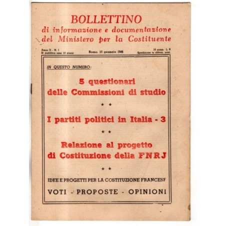 BOLLETTINO INFORMAZIONE DOCUMENTAZIONE MINIST COSTITUENTE-n 1, 10 gen-1946