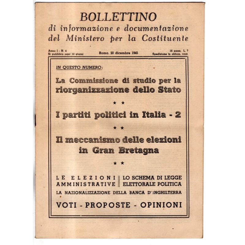 BOLLETTINO INFORMAZIONE DOCUMENTAZIONE MINIST COSTITUENTE-n 4, 20 dic-1945