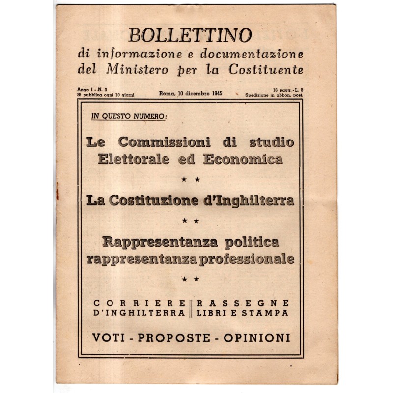 BOLLETTINO INFORMAZIONE DOCUMENTAZIONE MINIST COSTITUENTE-n 3, 10 dic-1945