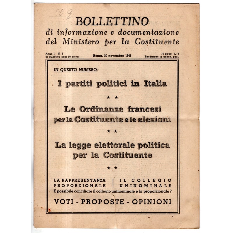BOLLETTINO INFORMAZIONE DOCUMENTAZIONE MINIST COSTITUENTE-n 2, 30 nov-1945