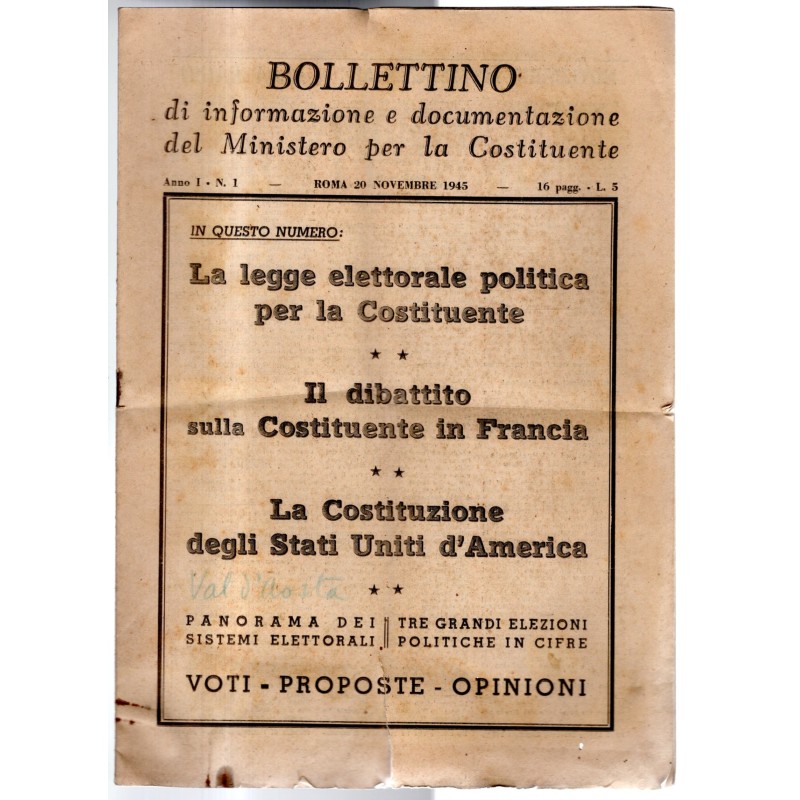 BOLLETTINO INFORMAZIONE DOCUMENTAZIONE MINIST COSTITUENTE-n 1, 20 nov-1945