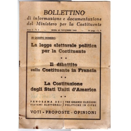 BOLLETTINO INFORMAZIONE DOCUMENTAZIONE MINIST COSTITUENTE-n 1, 20 nov-1945