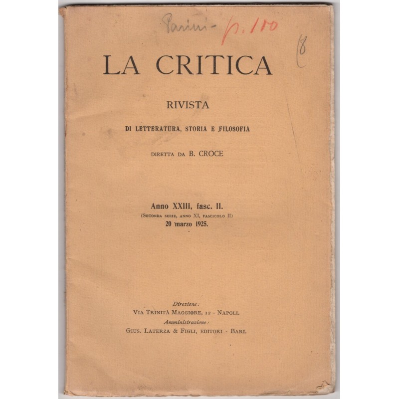 LA CRITICA. RIVISTA LETTERATURA, STORIA E FILOSOFIA-fasc II, 20 marzo-1925