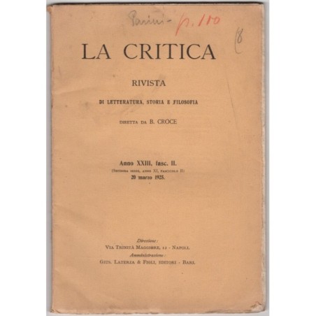 LA CRITICA. RIVISTA LETTERATURA, STORIA E FILOSOFIA-fasc II, 20 marzo-1925