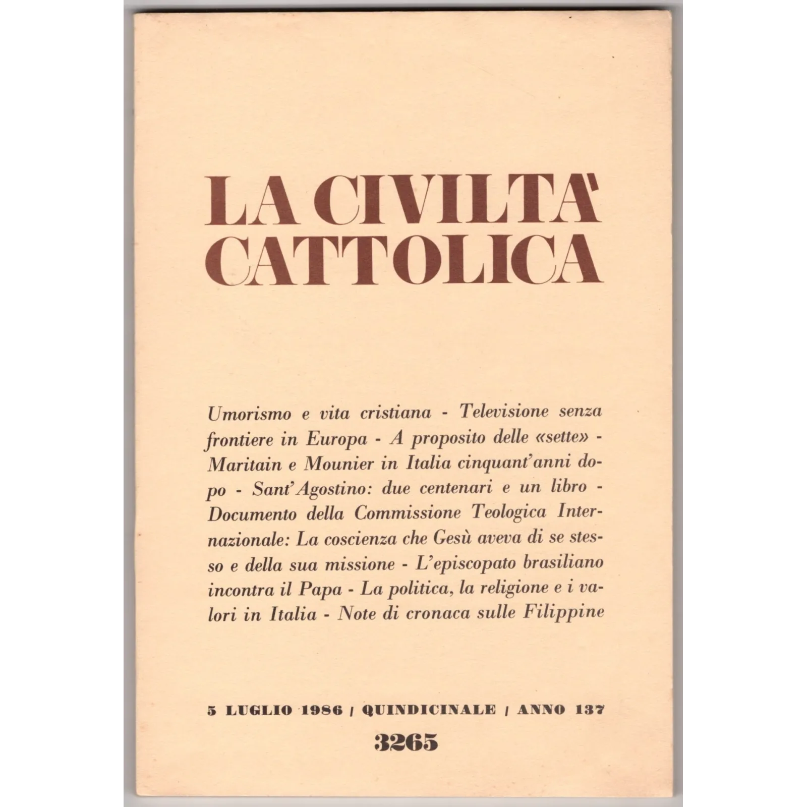 LA CIVILTÀ CATTOLICA-n 13, 5 luglio-1986