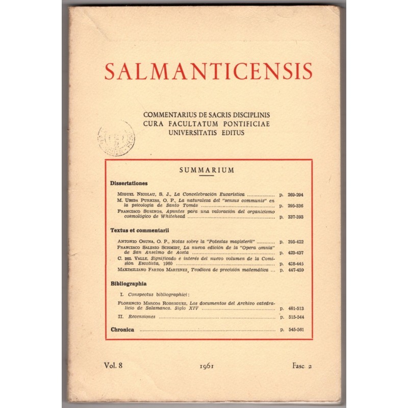 SALMANTICENSIS. COMMENTARIUS DE SACRIS DISCIPLINIS-vol 8, fasc 2-1961