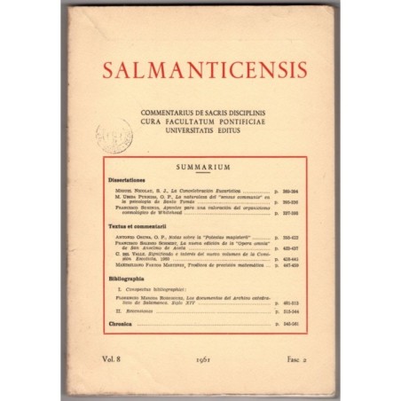 SALMANTICENSIS. COMMENTARIUS DE SACRIS DISCIPLINIS-vol 8, fasc 2-1961