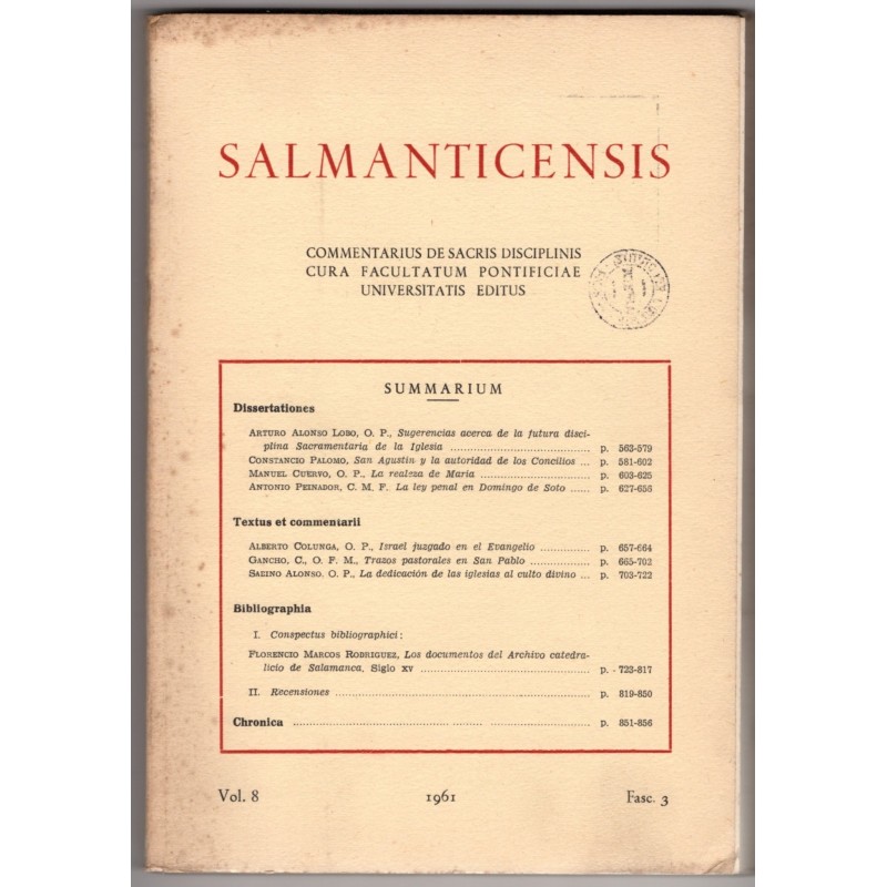 SALMANTICENSIS. COMMENTARIUS DE SACRIS DISCIPLINIS-vol 8, fasc 3-1961