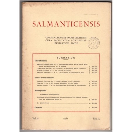 SALMANTICENSIS. COMMENTARIUS DE SACRIS DISCIPLINIS-vol 8, fasc 3-1961