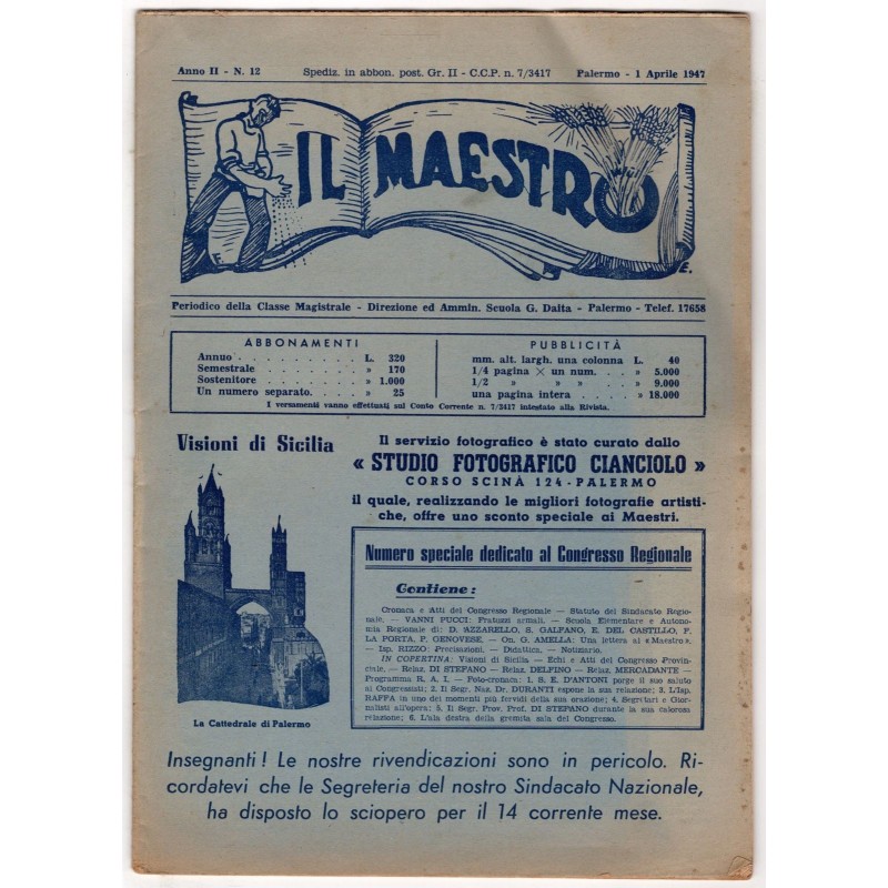 IL MAESTRO. PERIODICO DELLA CLASSE MAGISTRALE-n 12, 1 aprile-1947