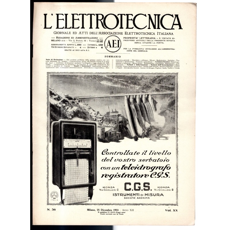 L'ELETTROTECNICA-n 36, 25 dicembre, vol XX-1933
