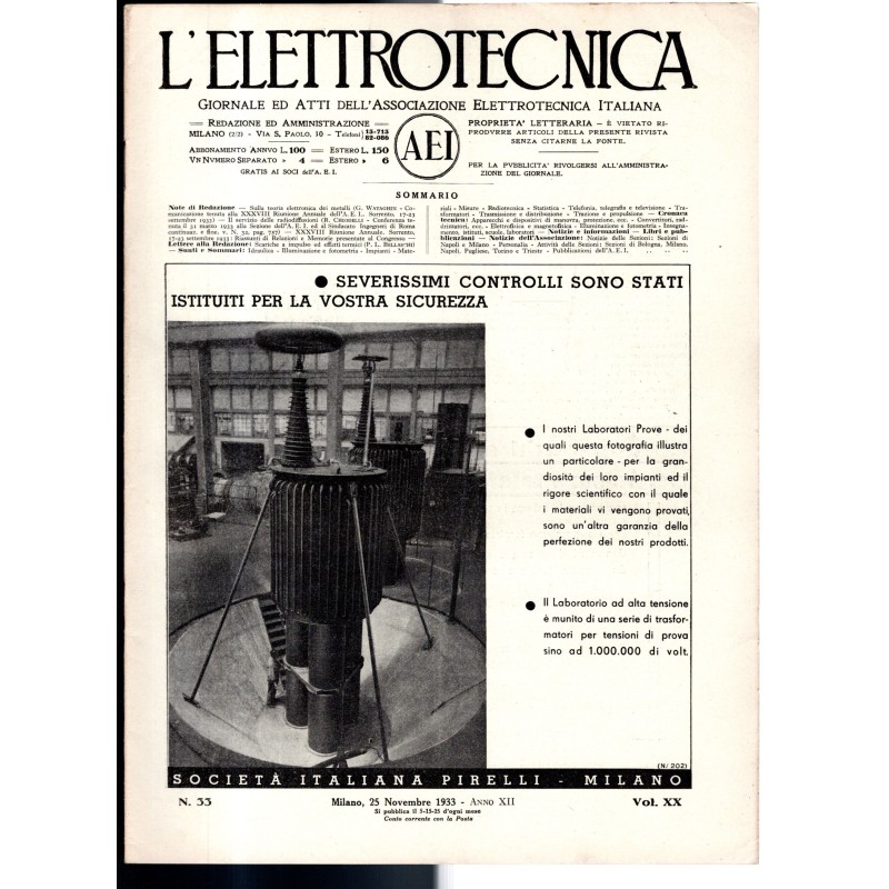 L'ELETTROTECNICA-n 33, 25 novembre, vol XX-1933