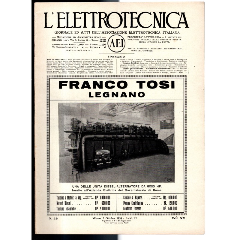 L'ELETTROTECNICA-n 28, 5 ottobre, vol XX-1933