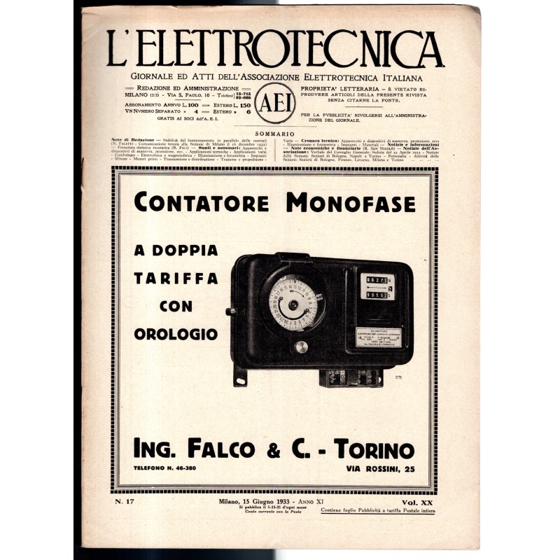 L'ELETTROTECNICA-n 17, 15 giugno, vol XX-1933