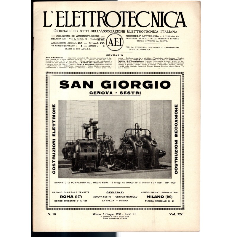 L'ELETTROTECNICA-n 16, 5 giugno, vol XX-1933
