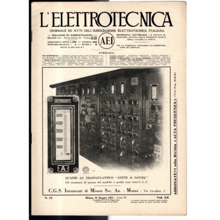 L'ELETTROTECNICA-n 15, 25 maggio, vol XX-1933
