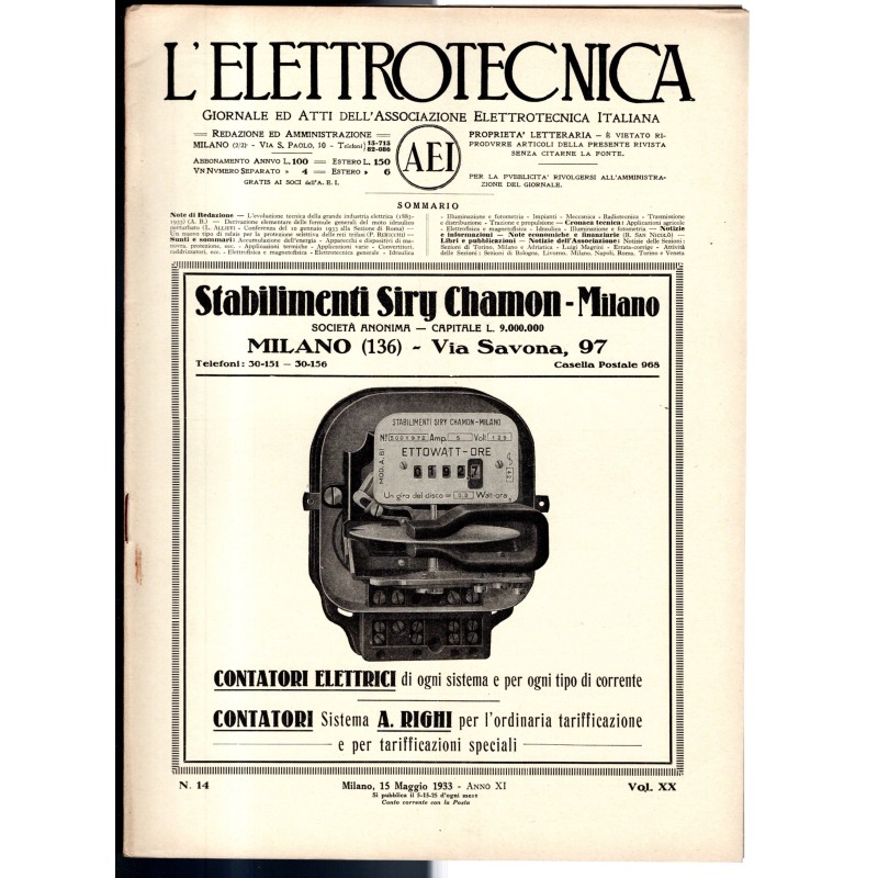 L'ELETTROTECNICA-n 14, 15 maggio, vol XX-1933