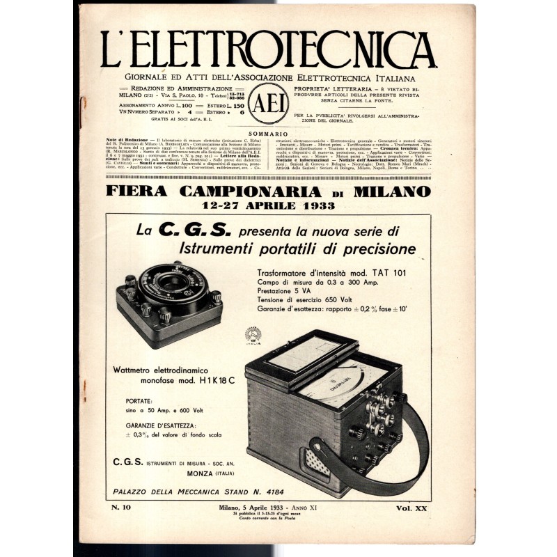 L'ELETTROTECNICA-n 10, 5 aprile, vol XX-1933