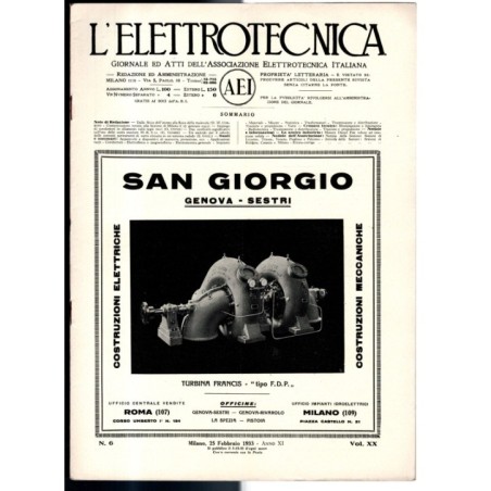 L'ELETTROTECNICA-n 6, 25 febbraio, vol XX-1933