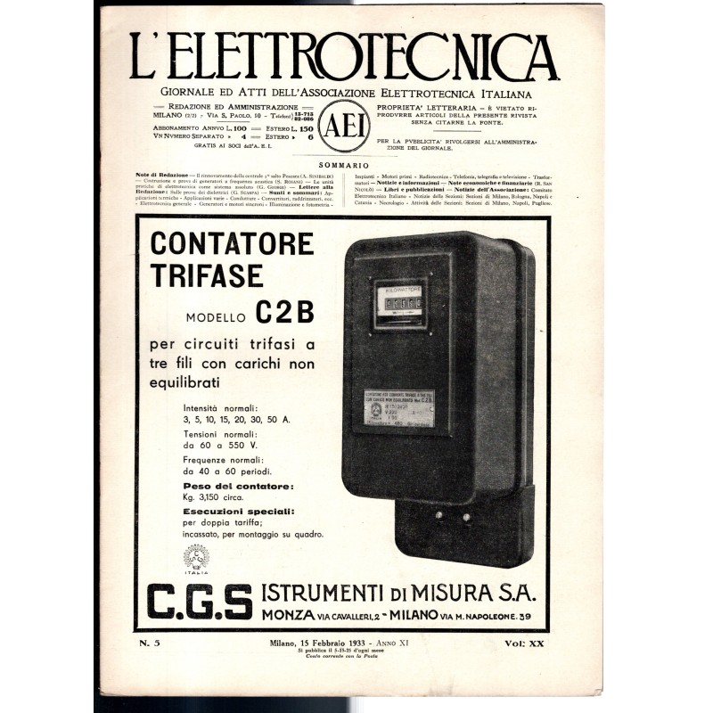 L'ELETTROTECNICA-n 5, 15 febbraio, vol XX-1933