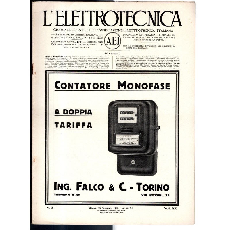 L'ELETTROTECNICA-n 3, 25 gennaio, vol XX-1933