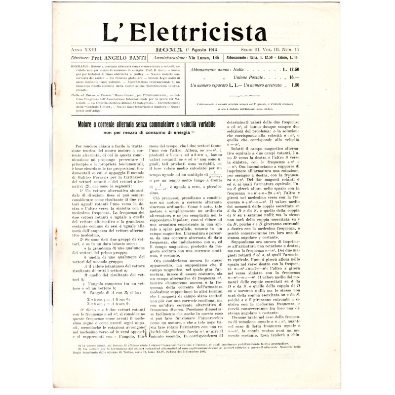 L'ELETTRICISTA-serie III, vol III, n 15, 1 agosto-1914