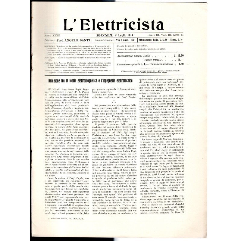 L'ELETTRICISTA-serie III, vol III, n 13, 1 luglio-1914