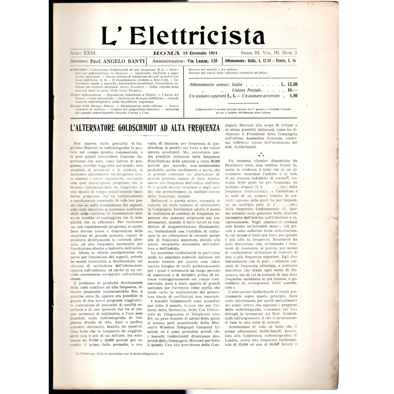 L'ELETTRICISTA-serie III, vol III, n 2, 15 gennaio-1914