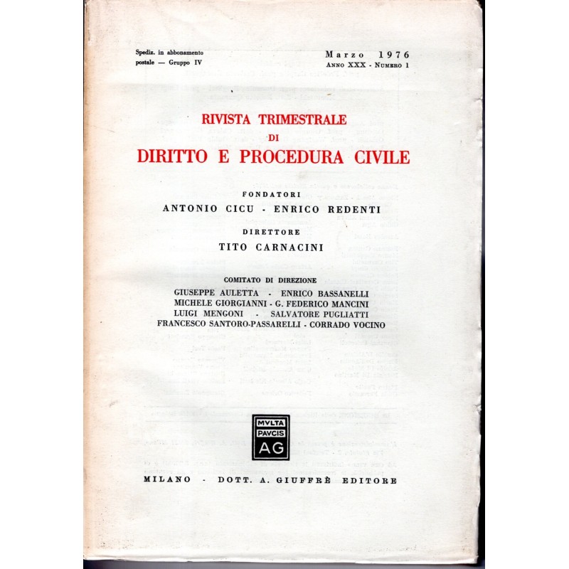 RIVISTA TRIMESTRALE DI DIRITTO E PROCEDURA CIVILE-numero 1, marzo-1976