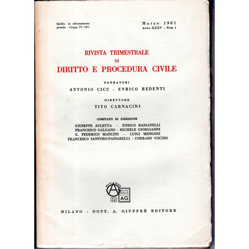 RIVISTA TRIMESTRALE DI DIRITTO E PROCEDURA CIVILE-numero 1, marzo-1981