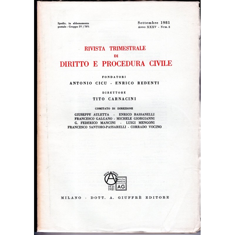 RIVISTA TRIMESTRALE DI DIRITTO E PROCEDURA CIVILE-numero 3, settembre-1981