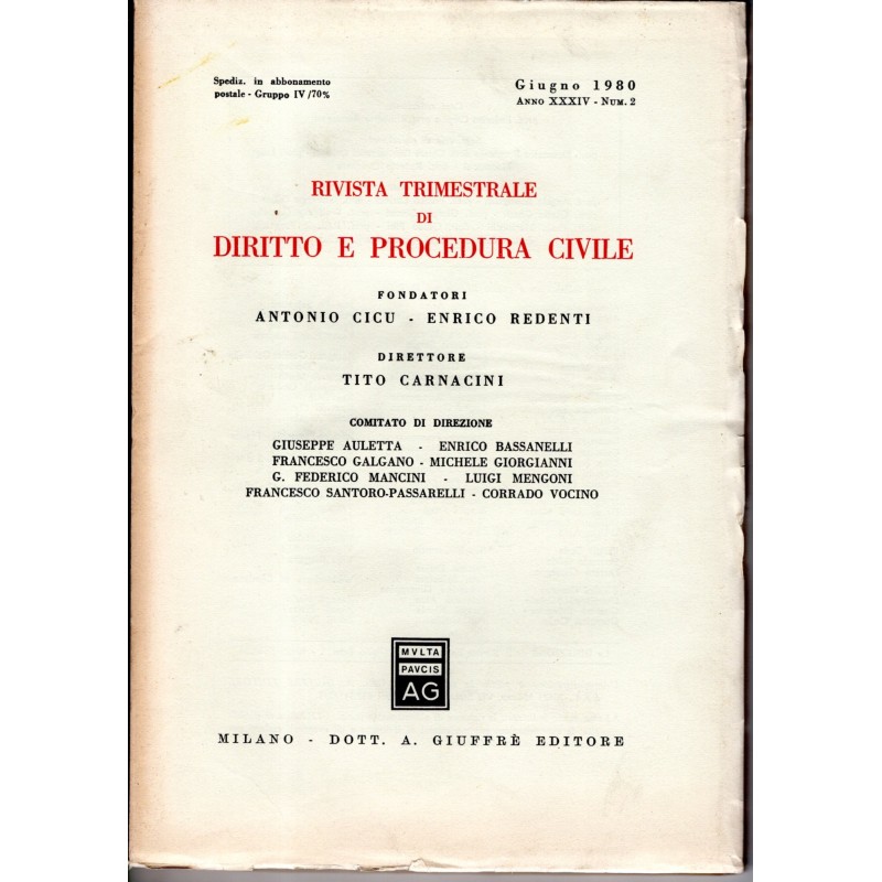 RIVISTA TRIMESTRALE DI DIRITTO E PROCEDURA CIVILE-numero 2, giugno-1980
