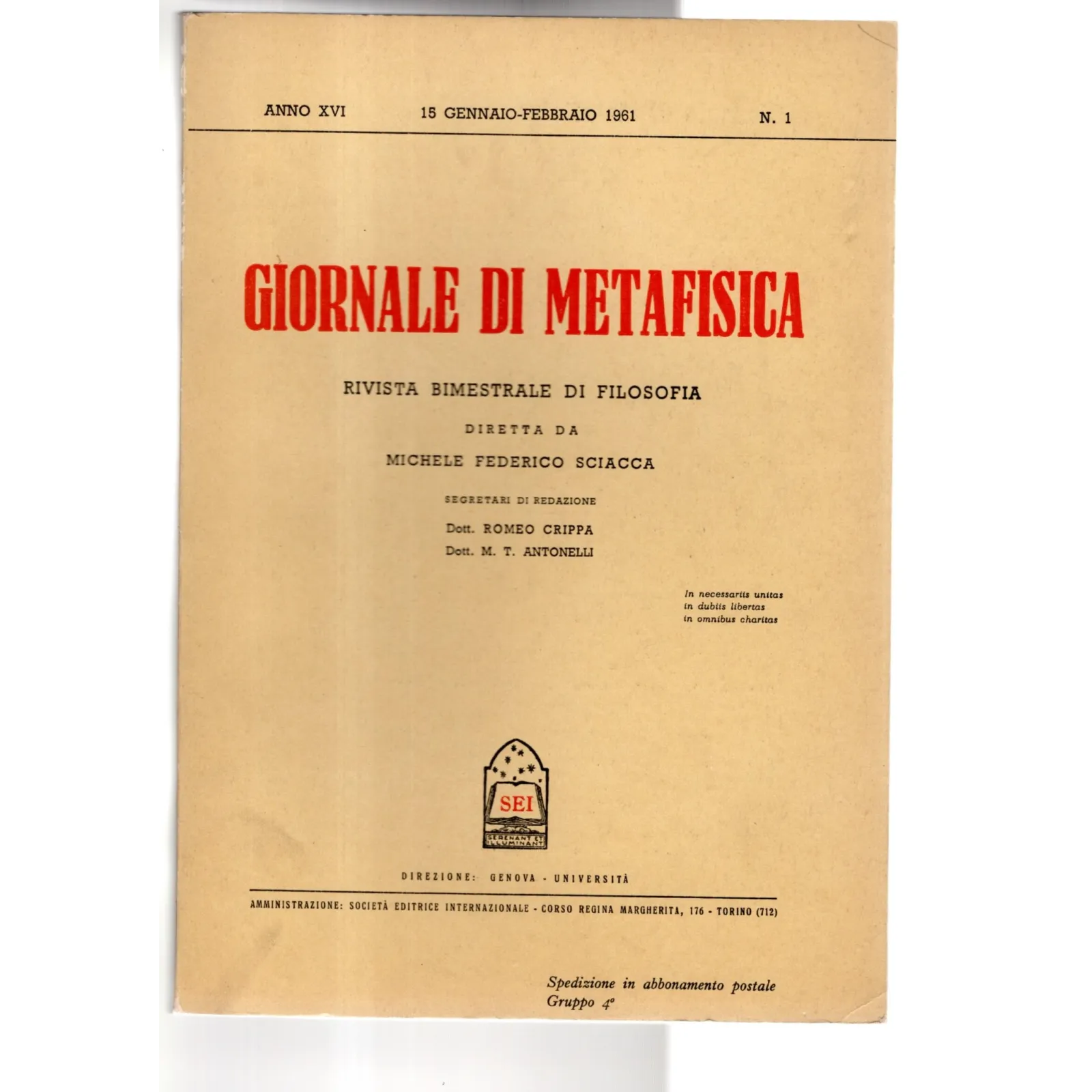 GIORNALE DI METAFISICA-n 1, 15 gennaio/febbraio-1961