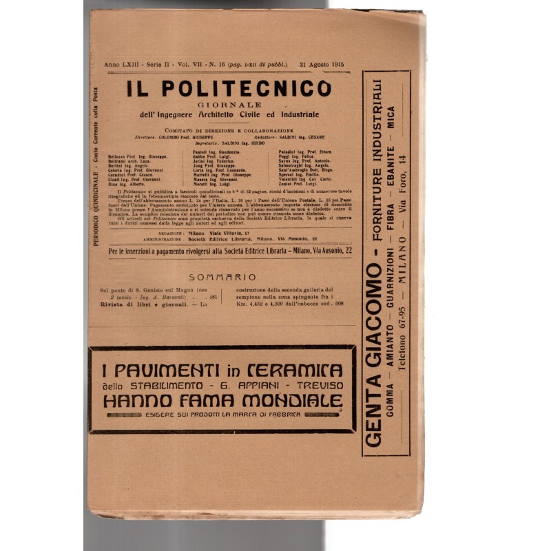 IL POLITECNICO. GIORNALE DELL'INGEGNERE-vol VII, n 16, 31 agosto-1915