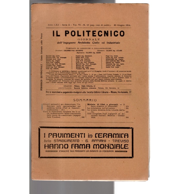 IL POLITECNICO. GIORNALE DELL'INGEGNERE-vol VI, n 12, 30 giugno-1914