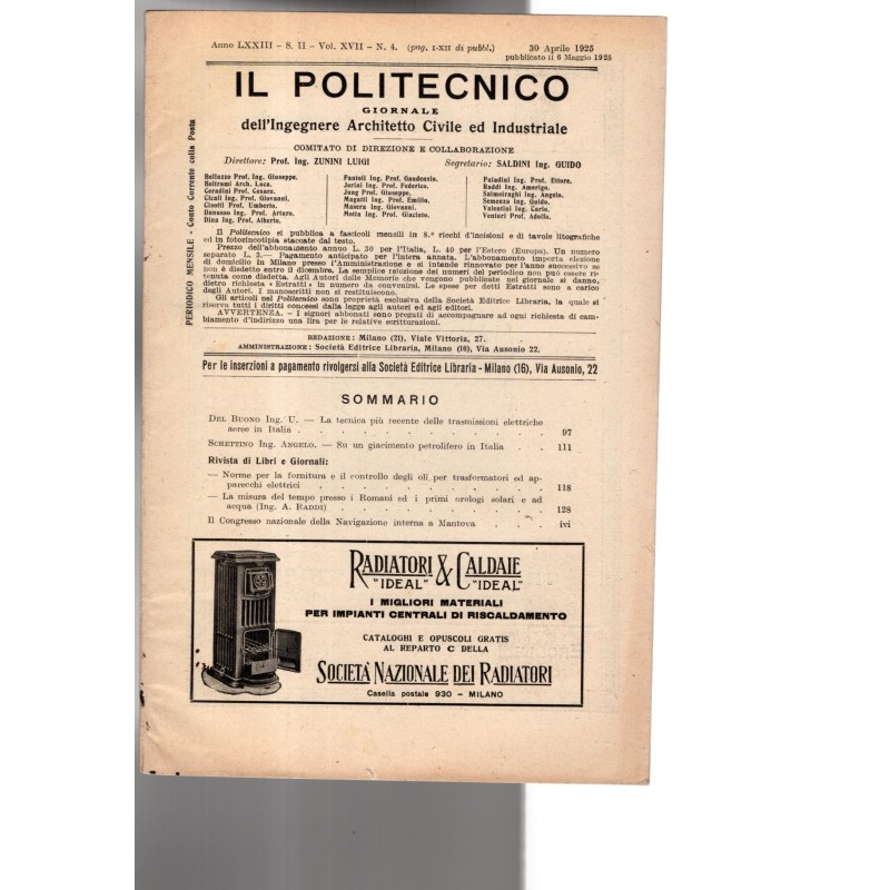 IL POLITECNICO. GIORNALE DELL'INGEGNERE-vol XVII, n 4, 30 aprile-1925