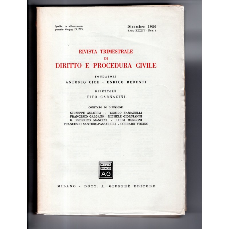RIVISTA TRIMESTRALE DI DIRITTO E PROCEDURA CIVILE-numero 4, dicembre-1980