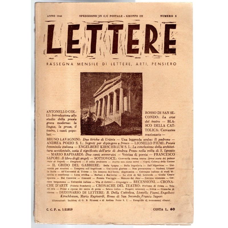 LETTERE. RASSEGNA MENSILE DI LETTERE, ARTI, PENSIERO-n 5-1946
