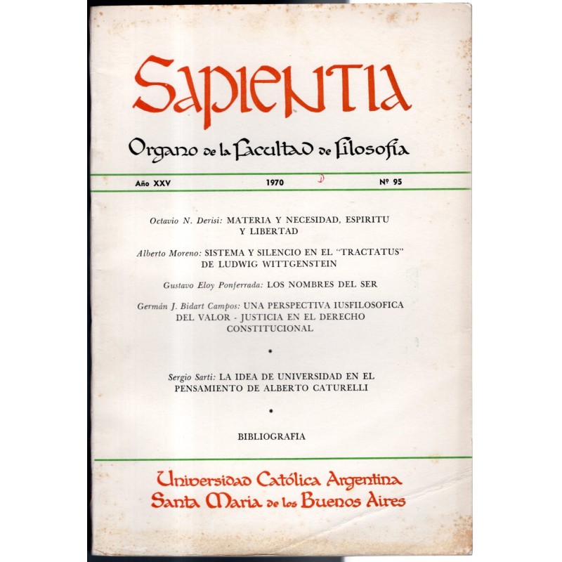 SAPIENTIA. ORGANO DE LA FACULTAD DE FILOSOFIA - N 95, GENNAIO/MARZO - 1970